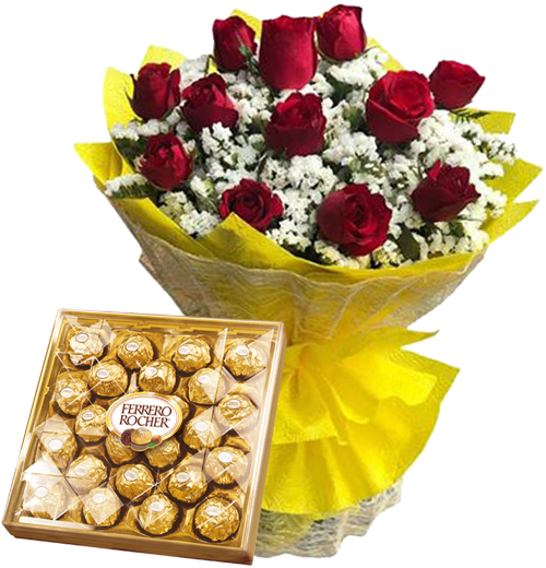 12 Red Roses Bouquet and Chocolate Box
