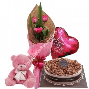 send 3 pink roses cake bear with balloon to philippines