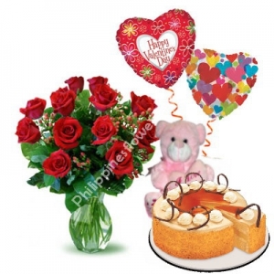 send 12 red roses bear balloon with cake to philippines