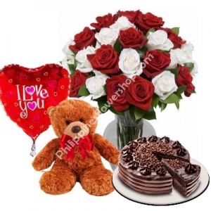 send 24 mixed roses in vase bear balloon with cake to philippines