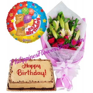 12 Red Roses, 2 Stem Lily with Mocha Cake and Balloon to Philippines