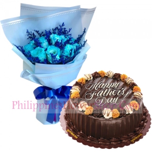 send fathers day light blue roses with choco caramel cake to philippines
