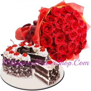 24 Red Roses with Black Forest Cake by Red Ribbon