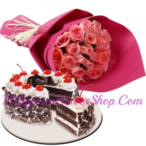 send 24 pink rose with black forest cake by red ribbon to philippines