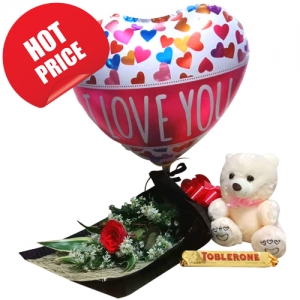 Rose with Small Bear, Chocolate & Balloon