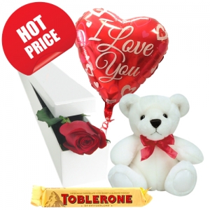 Single Rose with Small Bear, Chocolate with Balloon