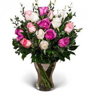 send 15 stems mixed color roses in vase to philippines