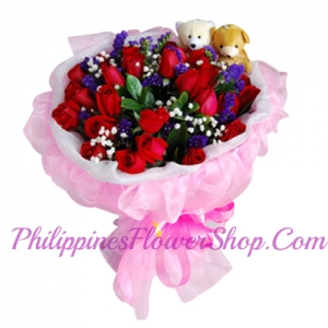 24 Red Roses with 2 Mini Bear in Bouquet