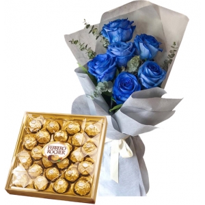 6 Blue Roses with Ferrero Rocher Box