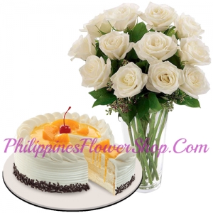 12 White Roses with Peach Mango Cake