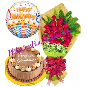 18 red roses with triple delight cake and balloon to philippines