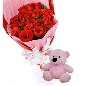 24 Red Roses with small Bear To Philippines