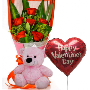 6 Red Roses,Pink Bear with Valentine Balloon To Philippines