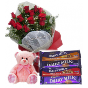 Red Roses Bouquet,Pink Bear with Cadbury Chocolates Delivery To Philippines