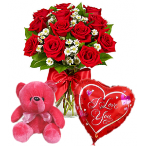 Red Roses Vase,Red Bear with Love U Balloon Delivery To Philippines