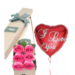 6 Pink Roses Box with I love U Balloon Delivery To Philippines