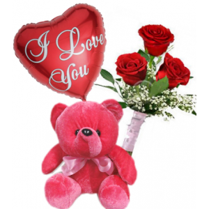 Roses Bouqet,Red Bear With I Love U Balloon Delivery To Philippines