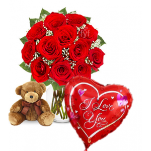 Red Rose vase,Brown bear with Love u Balloon To Philippines