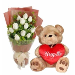 12 White Roses with Hug Bear  Send To Philippines
