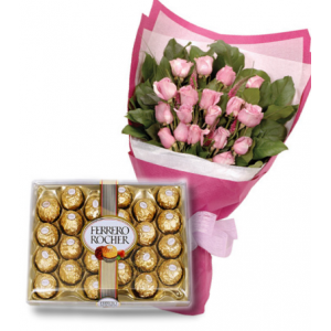 24 Pink Roses bouquet & Ferrero chocolate To Philippines