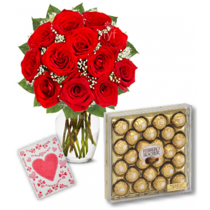 Red Roses Vase with 24pcs Ferrero Chocolate Delivery To Philippines