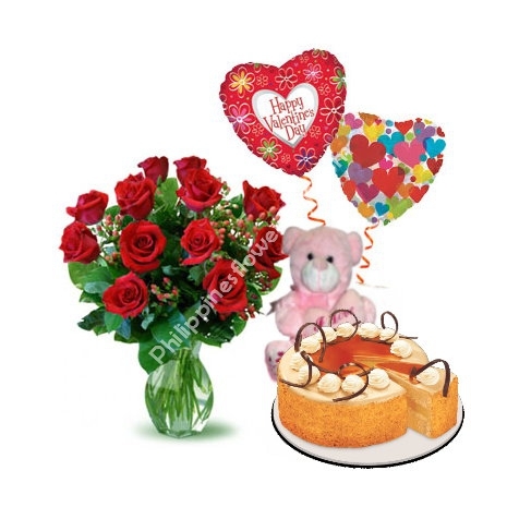 send 12 red roses bear balloon with cake to philippines