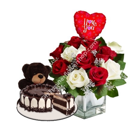 send 12 mixed roses bear balloon with chocolate to philippines