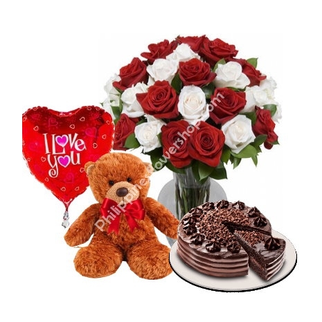send 24 mixed roses in vase bear balloon with cake to philippines