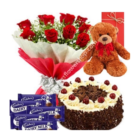send 12 red roses brown bear with cake to philippines