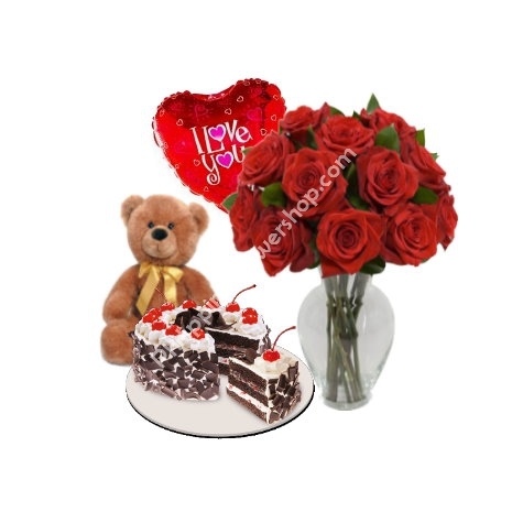 send 12 red roses in vase bear with balloon to philippines