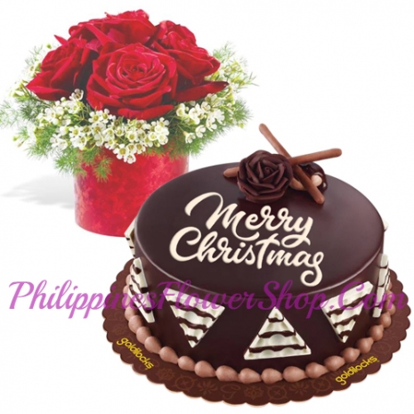 send xmas roses vase with chocolate cake to philippines