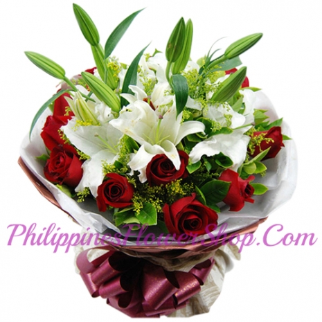 send love of language 12 red roses & lily to philippines