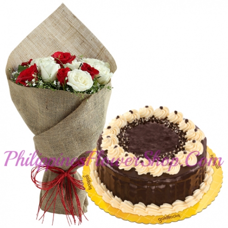 send 12 white and red roses with rocky cake by goldilocks to philippines