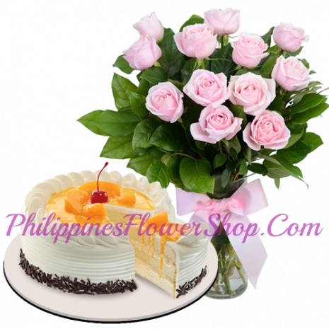 12 pink roses with mango cake send to philippines