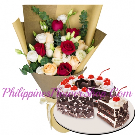 18 roses in bouquet with black forest cake to philippines
