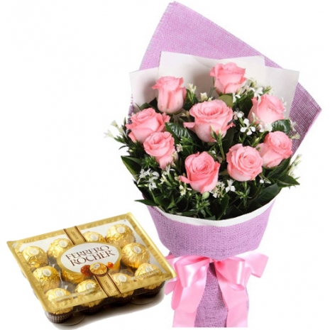 12 Pink Roses with Ferrero Chocolate Box
