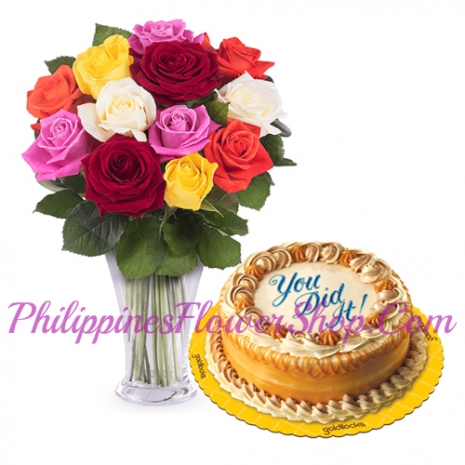 12 Mixed Roses with Lusciuous Caramel Cake