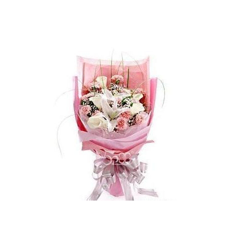 12 pink carnations with white lilies
