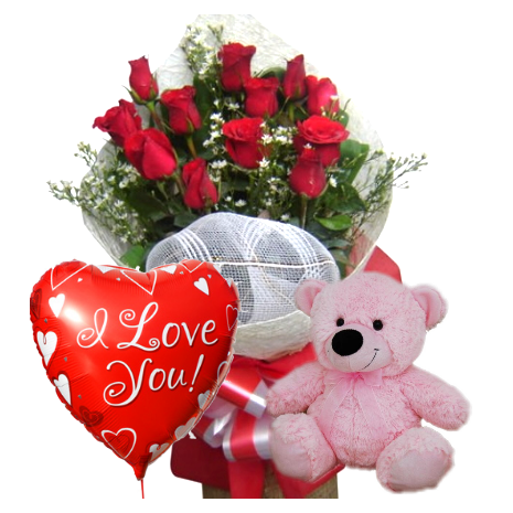 12 Red Rose bouquet,Pink Bear with Love u Balloon To Philippines