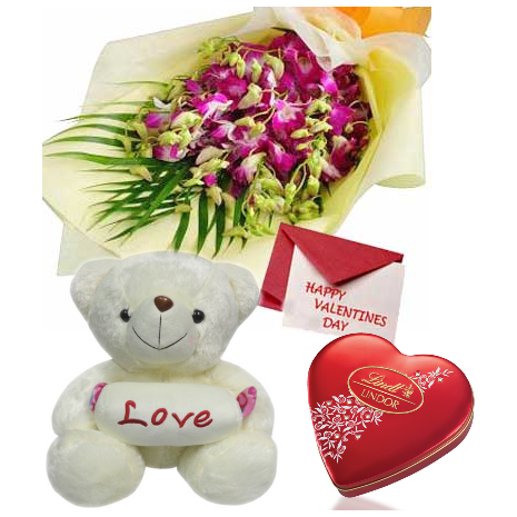 Mixed Flowers Bouquet,Pink Bear with Lindt Chocolate Delivery To Philippines