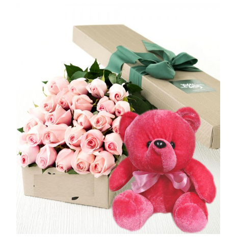 24 Pink Roses Box With Red Bear Delivery To Philippines
