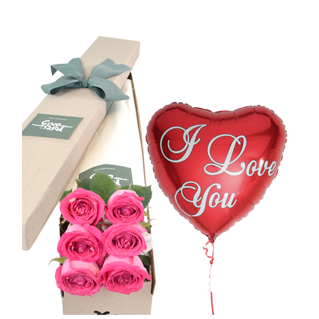 6 Pink Roses Box with I love U Balloon Delivery To Philippines