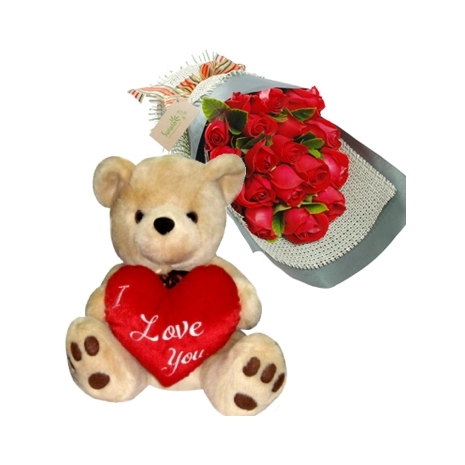12 Red Roses with Love Bear  Send To Philippines