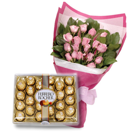 24 Pink Roses bouquet & Ferrero chocolate To Philippines