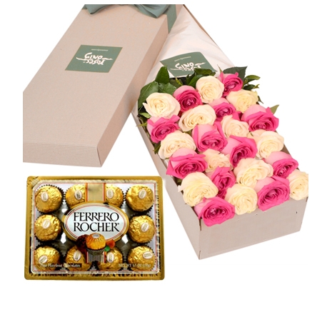 Sens 24 Red & Pink Roses Box with Ferrero Rocher Chocolate To Philippines