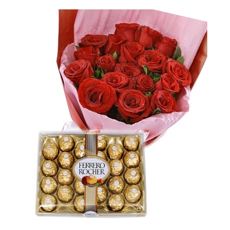 12 Red Roses bouquet with 24 pcs Ferrero chocolate To Philippines